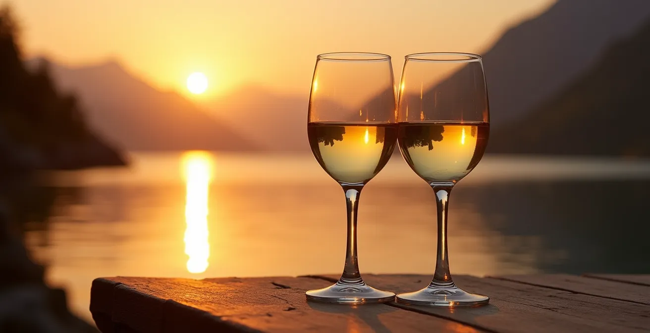 Lumière dorée du coucher de soleil illuminant une terrasse avec vue sur les montagnes alpines