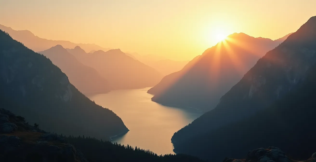 Contraste lumineux entre les rives est et ouest du lac d'Annecy au lever du soleil