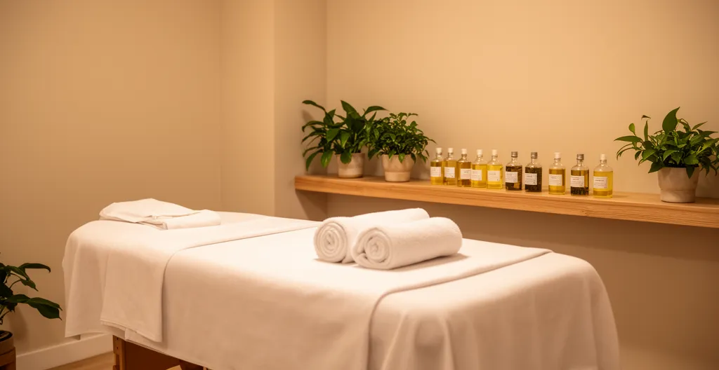 Cabine de soin spa élégante avec table de massage et produits naturels