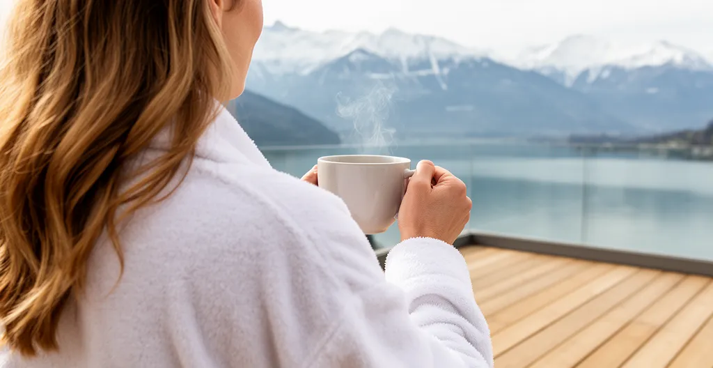 Cliente spa contemplant le lac d'Annecy depuis terrasse bien-être