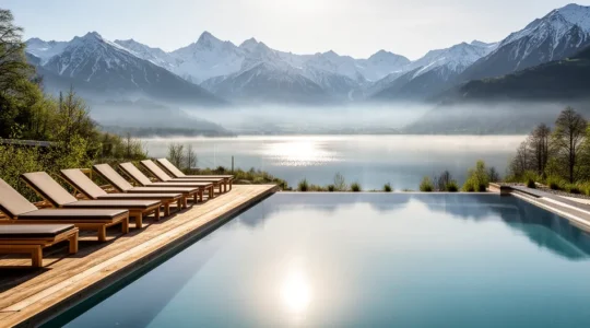 Piscine extérieure spa de luxe avec vue panoramique lac d'Annecy et montagnes