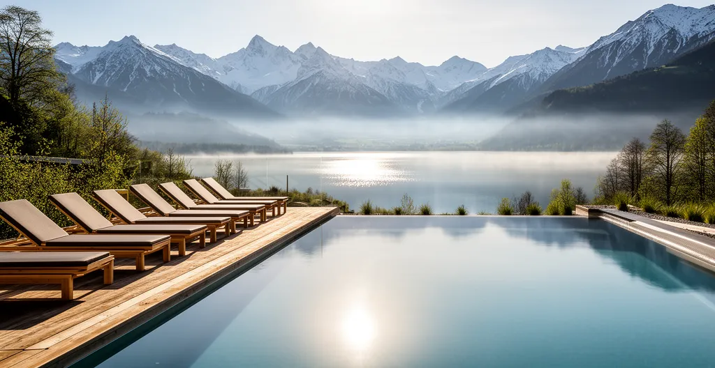 Piscine extérieure spa de luxe avec vue panoramique lac d'Annecy et montagnes