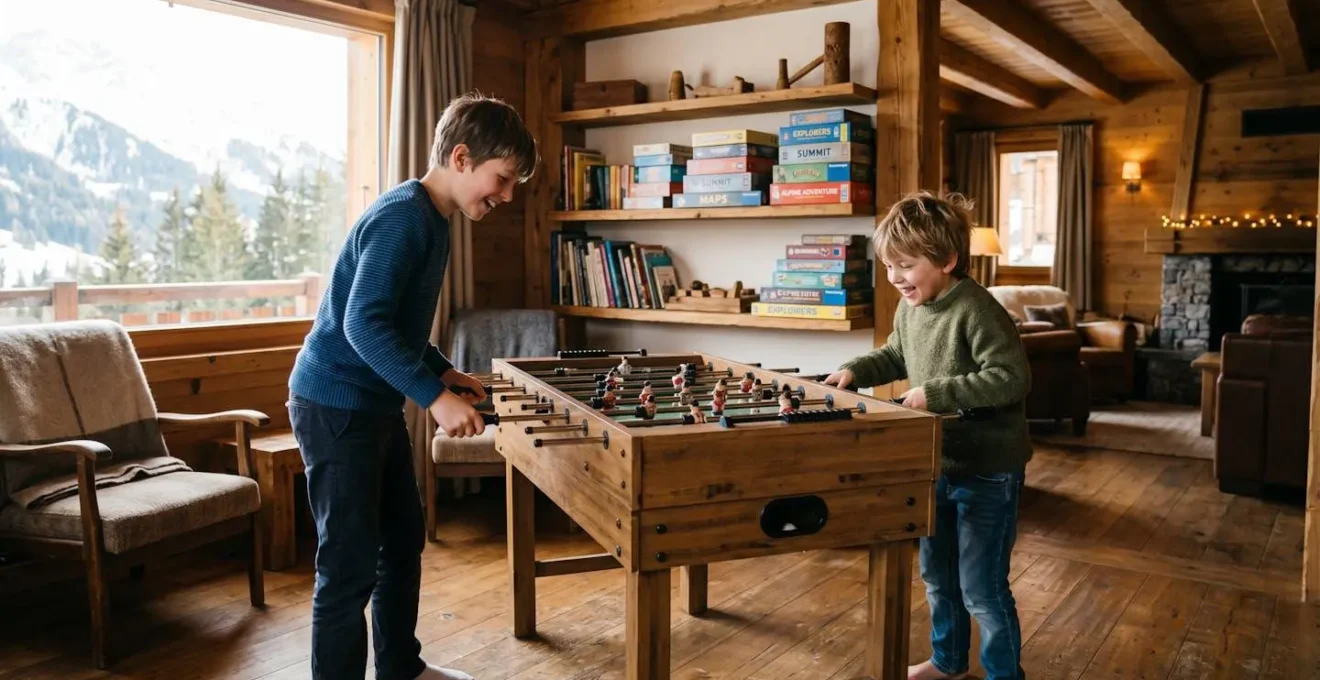 Salle de jeux intérieure d'un hôtel de montagne avec babyfoot et jeux de société pour enfants